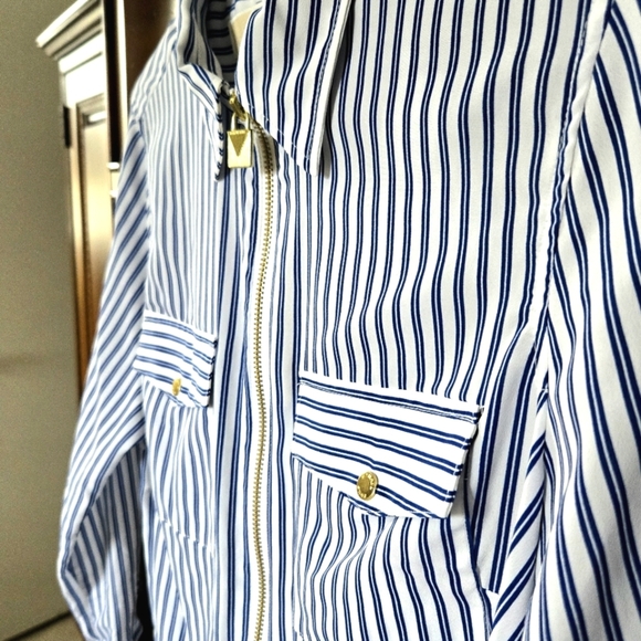 Michael Kors stripe, zip front top/shirt.  Blue and white. Size small. - Picture 7 of 16